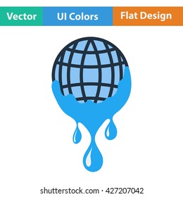 Planet with flowing down water icon. Flat design. Vector illustration.