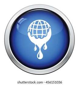 Planet flowing down water icon. Glossy button design. Vector illustration.