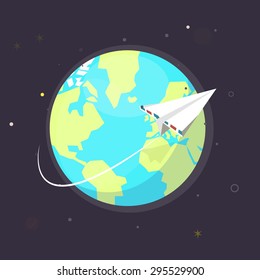 planet with flying paper plane - vector illustration