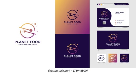 Planet Food Logo And Business Card Design For Restaurant. Planet, Food, Card, Eat, Hungry, Icon  Premium Vector