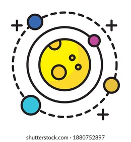 planet with four satellites orbiting around line and fill style icon vector illustration design