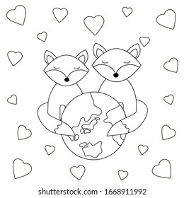 Planet, foxes and hearts. Coloring page. Vector illustration.