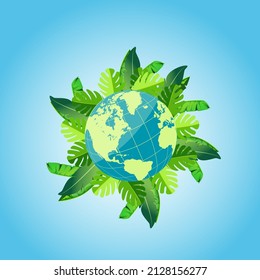 planet framed by foliage in green background