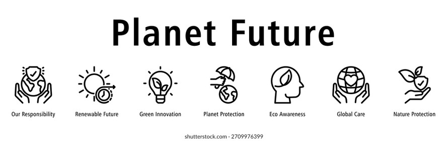 Ilustración vectorial de íconos del Anuncio del Web del Planeta Futuro con íconos de Nuestra Responsabilidad, Futuro Renovable, Innovación Verde, Protección del Planeta, Conciencia Ecológica, Cuidado Global y Protección de la Naturaleza.