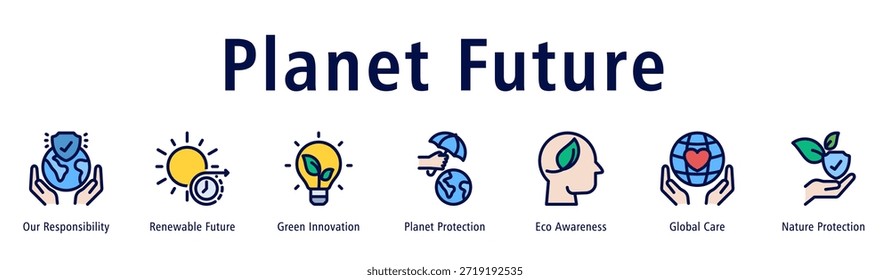Planet Future Web-Banner-Vektorgrafik mit Symbolen von Unsere Verantwortung, Erneuerbare Zukunft, Grüne Innovation, Planetenschutz, Umweltbewusstsein, Globale Pflege und Naturschutz.