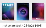 Planet and galaxy Space card vector set. Solar system with galaxy planets, asteroids, jupiter, saturn, mars, moon, ring line solar. Cosmic design for flyer, brochure, background, poster, cover.