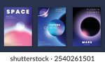 Planet and galaxy Space card vector set. Solar system with galaxy planets, asteroids, jupiter, saturn, mars, moon, ring line solar. Cosmic design for flyer, brochure, background, poster, cover.