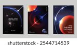 Planet and galaxy Space card vector set. Solar system with galaxy planets, asteroids, jupiter, saturn, mars, moon, ring line solar. Cosmic design for flyer, brochure, background, poster, cover.