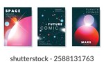 Planet and galaxy Space card vector set. Solar system with galaxy planets, asteroids, jupiter, saturn, mars, moon, ring line solar. Cosmic design for flyer, brochure, background, poster, cover.