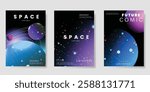 Planet and galaxy Space card vector set. Solar system with galaxy planets, asteroids, jupiter, saturn, mars, moon, ring line solar. Cosmic design for flyer, brochure, background, poster, cover.