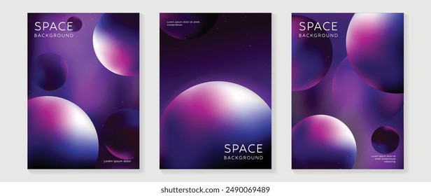 In: Planet and Galaxy Space card Vektorgrafik set. Sonnensystem mit Galaxienplaneten, Asteroiden, Jupiter, Saturn, Mars, Mond, Ringlinie Solar. Kosmisches Design für Flyer, Broschüre, Hintergrund, Poster, Cover.