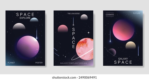 Planet and galaxy Space card vector set. Solar system with galaxy planets, asteroids, jupiter, saturn, mars, moon, ring line solar. Cosmic design for flyer, brochure, background, poster, cover.