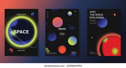 Planet and galaxy Space card vector set. Solar system with galaxy planets, asteroids, jupiter, saturn, mars, moon, ring line solar. Cosmic design for flyer, brochure, background, poster, cover.