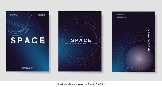 Planet and galaxy Space card vector set. Solar system with galaxy planets, asteroids, jupiter, saturn, mars, moon, ring line solar. Cosmic design for flyer, brochure, background, poster, cover.