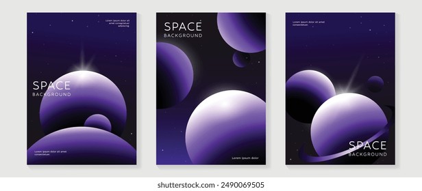 Planet and galaxy Space card vector set. Solar system with galaxy planets, asteroids, jupiter, saturn, mars, moon, ring line solar. Cosmic design for flyer, brochure, background, poster, cover.