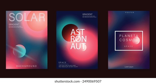 Planet and galaxy Space card vector set. Solar system with galaxy planets, asteroids, jupiter, saturn, mars, moon, ring line solar. Cosmic design for flyer, brochure, background, poster, cover.