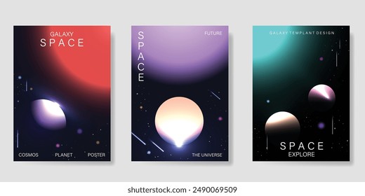 Planet and galaxy Space card vector set. Solar system with galaxy planets, asteroids, jupiter, saturn, mars, moon, ring line solar. Cosmic design for flyer, brochure, background, poster, cover.