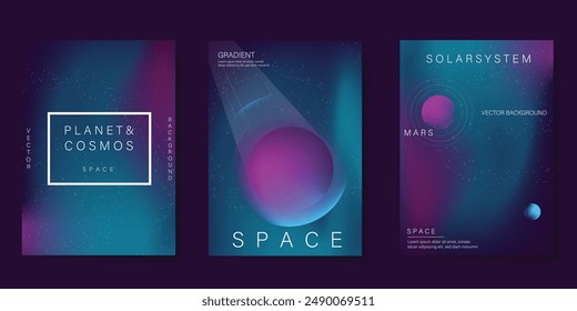 Planet and galaxy Space card vector set. Solar system with galaxy planets, asteroids, jupiter, saturn, mars, moon, ring line solar. Cosmic design for flyer, brochure, background, poster, cover.