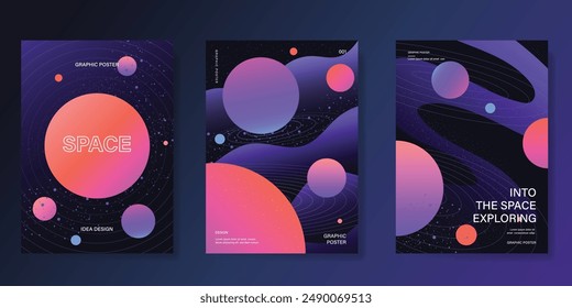 Planet and galaxy Space card vector set. Solar system with galaxy planets, asteroids, jupiter, saturn, mars, moon, ring line solar. Cosmic design for flyer, brochure, background, poster, cover.