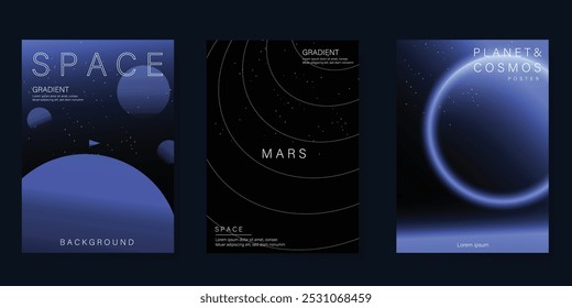 Planeta e galáxia Cartão espacial conjunto de vetores. Sistema solar com planetas galácticos, asteroides, júpiter, saturno, marte, lua, anel solar linha. Design cósmico para folheto, folheto, fundo, cartaz, capa.