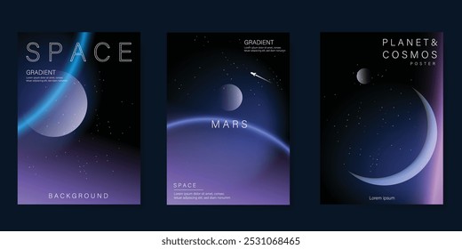 Planet and galaxy Space card vector set. Solar system with galaxy planets, asteroids, jupiter, saturn, mars, moon, ring line solar. Cosmic design for flyer, brochure, background, poster, cover.