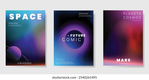 Planet and galaxy Space card vector set. Solar system with galaxy planets, asteroids, jupiter, saturn, mars, moon, ring line solar. Cosmic design for flyer, brochure, background, poster, cover.