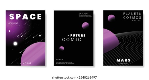 Planet and galaxy Space card vector set. Solar system with galaxy planets, asteroids, jupiter, saturn, mars, moon, ring line solar. Cosmic design for flyer, brochure, background, poster, cover.