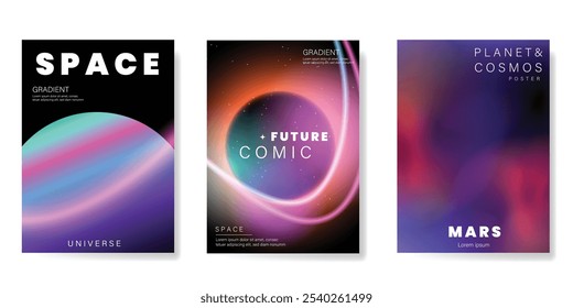 Planet and galaxy Space card vector set. Solar system with galaxy planets, asteroids, jupiter, saturn, mars, moon, ring line solar. Cosmic design for flyer, brochure, background, poster, cover.