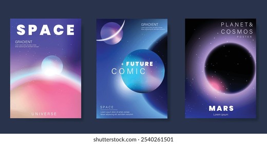 Planet and galaxy Space card vector set. Solar system with galaxy planets, asteroids, jupiter, saturn, mars, moon, ring line solar. Cosmic design for flyer, brochure, background, poster, cover.