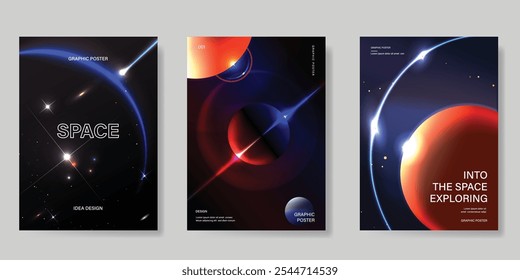 Planeta e galáxia Cartão espacial conjunto de vetores. Sistema solar com planetas galácticos, asteroides, júpiter, saturno, marte, lua, anel solar linha. Design cósmico para folheto, folheto, fundo, cartaz, capa.