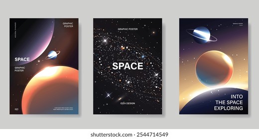 Planet and galaxy Space card vector set. Solar system with galaxy planets, asteroids, jupiter, saturn, mars, moon, ring line solar. Cosmic design for flyer, brochure, background, poster, cover.