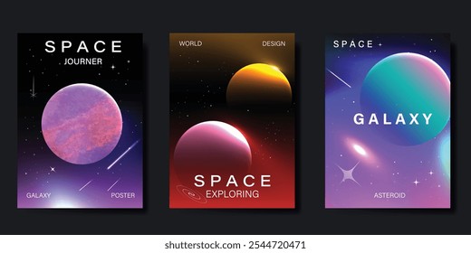 Planet and galaxy Space card vector set. Solar system with galaxy planets, asteroids, jupiter, saturn, mars, moon, ring line solar. Cosmic design for flyer, brochure, background, poster, cover.