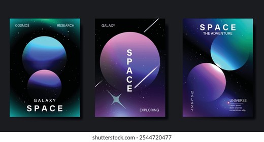 Planeta e galáxia Cartão espacial conjunto de vetores. Sistema solar com planetas galácticos, asteroides, júpiter, saturno, marte, lua, anel solar linha. Design cósmico para folheto, folheto, fundo, cartaz, capa.