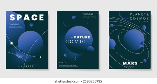 Planet and galaxy Space card vector set. Solar system with galaxy planets, asteroids, jupiter, saturn, mars, moon, ring line solar. Cosmic design for flyer, brochure, background, poster, cover.