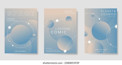 Planet and galaxy Space card vector set. Solar system with galaxy planets, asteroids, jupiter, saturn, mars, moon, ring line solar. Cosmic design for flyer, brochure, background, poster, cover.