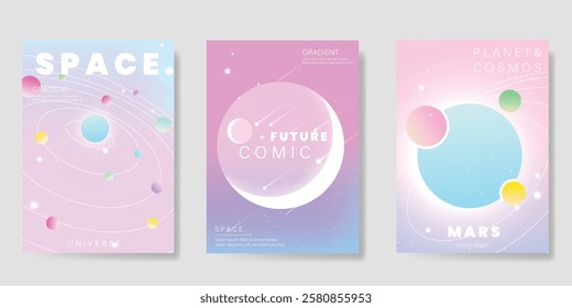 Planet and galaxy Space card vector set. Solar system with galaxy planets, asteroids, jupiter, saturn, mars, moon, ring line solar. Cosmic design for flyer, brochure, background, poster, cover.