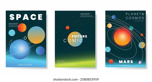 Planet and galaxy Space card vector set. Solar system with galaxy planets, asteroids, jupiter, saturn, mars, moon, ring line solar. Cosmic design for flyer, brochure, background, poster, cover.