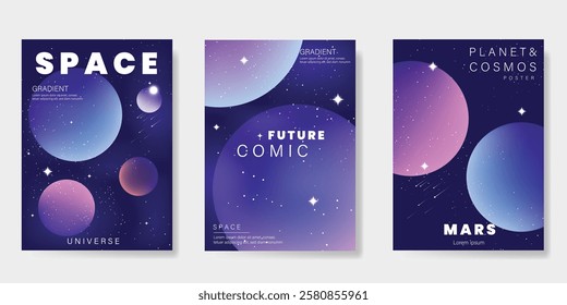 Planet and galaxy Space card vector set. Solar system with galaxy planets, asteroids, jupiter, saturn, mars, moon, ring line solar. Cosmic design for flyer, brochure, background, poster, cover.