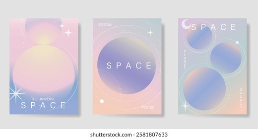 Planet and galaxy Space card vector set. Solar system with galaxy planets, asteroids, jupiter, saturn, mars, moon, ring line solar. Cosmic design for flyer, brochure, background, poster, cover.