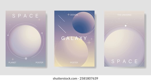 Planet and galaxy Space card vector set. Solar system with galaxy planets, asteroids, jupiter, saturn, mars, moon, ring line solar. Cosmic design for flyer, brochure, background, poster, cover.