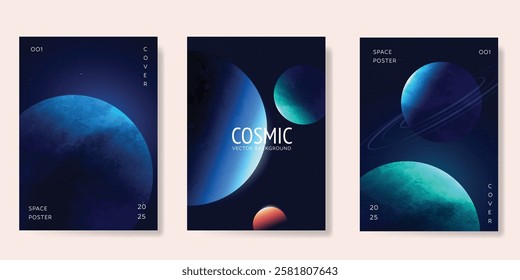 Planet and galaxy Space card vector set. Solar system with galaxy planets, asteroids, jupiter, saturn, mars, moon, ring line solar. Cosmic design for flyer, brochure, background, poster, cover.