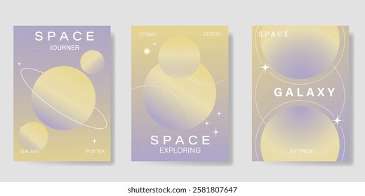 Planet and galaxy Space card vector set. Solar system with galaxy planets, asteroids, jupiter, saturn, mars, moon, ring line solar. Cosmic design for flyer, brochure, background, poster, cover.