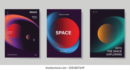 Planet and galaxy Space card vector set. Solar system with galaxy planets, asteroids, jupiter, saturn, mars, moon, ring line solar. Cosmic design for flyer, brochure, background, poster, cover.