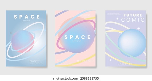 Planet and galaxy Space card vector set. Solar system with galaxy planets, asteroids, jupiter, saturn, mars, moon, ring line solar. Cosmic design for flyer, brochure, background, poster, cover.