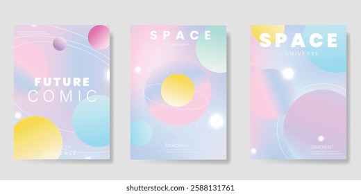 Planet and galaxy Space card vector set. Solar system with galaxy planets, asteroids, jupiter, saturn, mars, moon, ring line solar. Cosmic design for flyer, brochure, background, poster, cover.