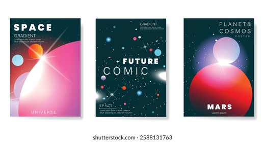 Planet and galaxy Space card vector set. Solar system with galaxy planets, asteroids, jupiter, saturn, mars, moon, ring line solar. Cosmic design for flyer, brochure, background, poster, cover.