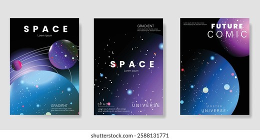 Planet and galaxy Space card vector set. Solar system with galaxy planets, asteroids, jupiter, saturn, mars, moon, ring line solar. Cosmic design for flyer, brochure, background, poster, cover.