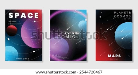 Planet and galaxy Space card vector set. Solar system with galaxy planets, asteroids, jupiter, saturn, mars, moon, ring line solar. Cosmic design for flyer, brochure, background, poster, cover.