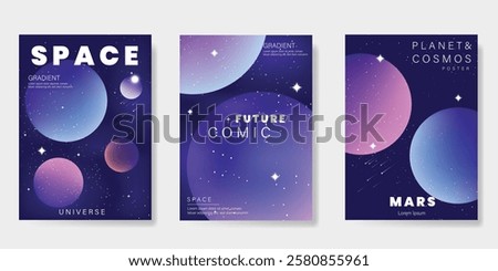Planet and galaxy Space card vector set. Solar system with galaxy planets, asteroids, jupiter, saturn, mars, moon, ring line solar. Cosmic design for flyer, brochure, background, poster, cover.