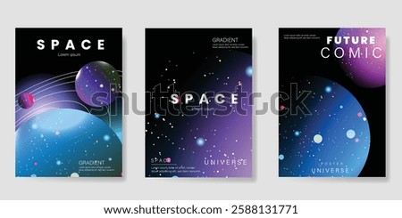 Planet and galaxy Space card vector set. Solar system with galaxy planets, asteroids, jupiter, saturn, mars, moon, ring line solar. Cosmic design for flyer, brochure, background, poster, cover.